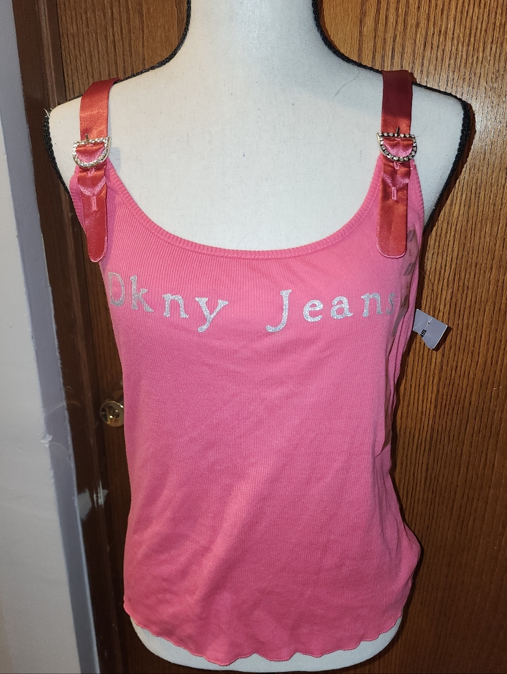 Dkny Jeans Coral Pink Satin-Trim Rhinestone Strap Tank Top L